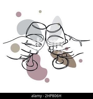 Vettoriale astratto continuo un'unica semplice icona di disegno linea di toast con due bicchieri di vino celebrazione in silhouette sketch. Perfetto per biglietti d'auguri Illustrazione Vettoriale