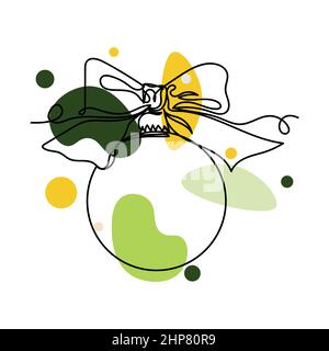 Vettoriale astratto continuo un'unica semplice icona di disegno di linea della sfera di natale con arco a nastro in schizzo di silhouette. Perfetto per biglietti d'auguri Illustrazione Vettoriale
