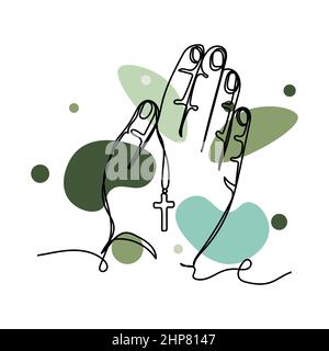 Vettoriale astratto continuo un'unica semplice icona di disegno di linea di pregare le mani di religiosi in schizzo di silhouette. Perfetto per biglietti d'auguri Illustrazione Vettoriale