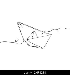 Vettoriale continuo icona di disegno a linea singola di una barca di carta in silhouette su sfondo bianco. Stilizzato lineare. Illustrazione Vettoriale
