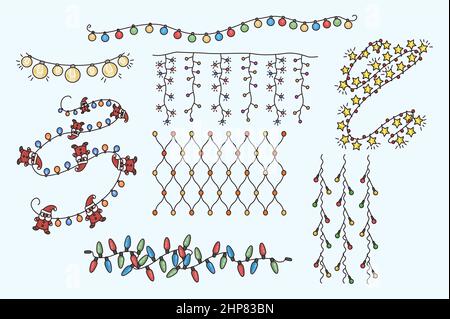 Collezione di ghirlone chiaro per la decorazione dell'albero di Natale Illustrazione Vettoriale