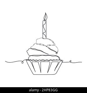 Vettoriale astratto continuo una singola semplice icona di disegno linea di compleanno cupcake con candela in fiamme in schizzo di silhouette. Illustrazione Vettoriale