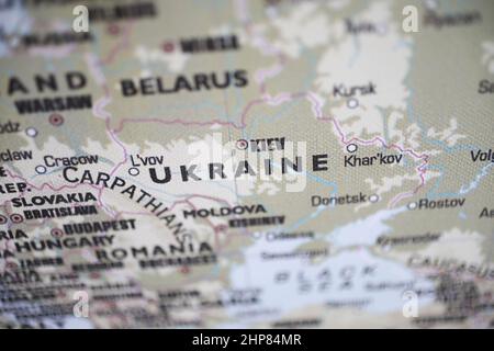 Ucraina e Kiev su una mappa del mondo. Foto Stock