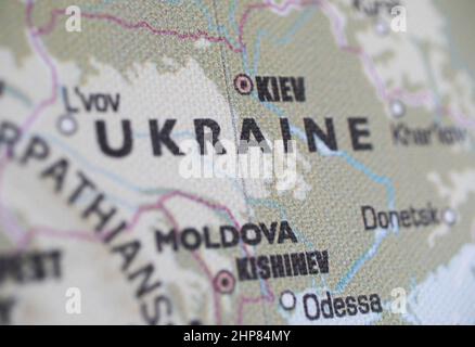 Ucraina e Kiev su una mappa del mondo. Foto Stock