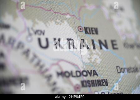 Ucraina e Kiev su una mappa del mondo. Foto Stock