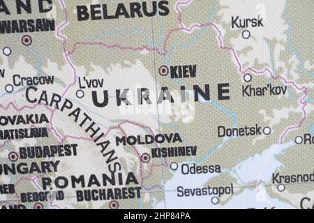 Ucraina e Kiev su una mappa del mondo. Foto Stock