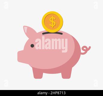 Icona del vettore Piggy Bank isolata su sfondo bianco. Simbolo di risparmio. Design piatto con ombre. Illustrazione Vettoriale