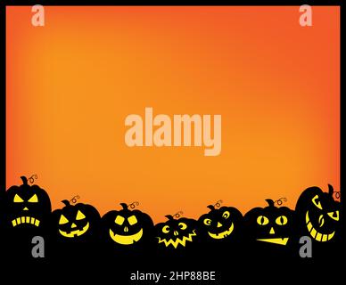 Sfondo di Halloween. Sfondo di vacanza arancione con zucche spaventose. Illustrazione vettoriale con spazio di copia. Ideale per poster stagionali o inviti a feste. Illustrazione Vettoriale