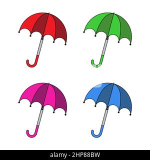 Set di icone ombrello. Aprire la clip per ombrellone art. Illustrazione vettoriale isolata su sfondo bianco. Classico simbolo autunno protezione pioggia. Illustrazione Vettoriale