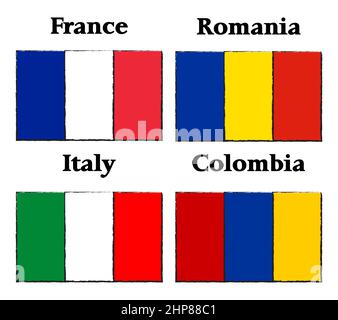 flag impostato. Francia Romania Italia Colombia. Bandiere isolate su bianco Illustrazione Vettoriale