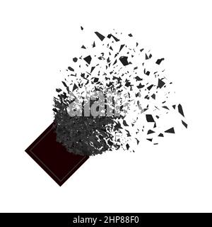 Esplosione nuvola di pezzi neri su sfondo bianco. Le particelle affilate volano in aria in modo casuale. Big Burst. Esplosione quadrata. Illustrazione Vettoriale