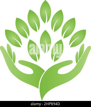 Mani, foglie, pianta, benessere, naturopata, giardiniere, logo Illustrazione Vettoriale