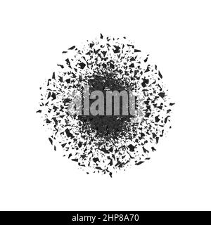 Esplosione nuvola di pezzi neri su sfondo grigio. Particelle acuminate volare in aria in modo casuale. Grande esplosione. Illustrazione Vettoriale