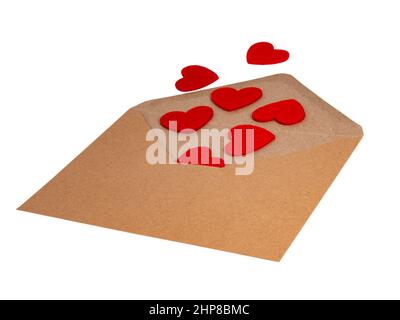 Busta artigianale marrone con cuore feltro amore concetto isolato su sfondo bianco Foto Stock