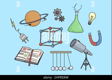 Set di icone di fisica scientifica e chimica Illustrazione Vettoriale