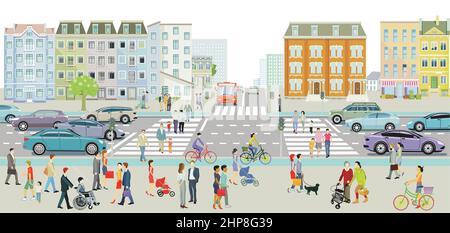 Vita urbana nel quartiere residenziale e traffico stradale, pedoni e famiglie nel tempo libero, illustrazione Illustrazione Vettoriale