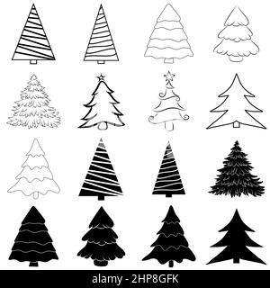 set di profili dell'albero di natale. icona vettoriale e collezione di forme di silhouette. Illustrazione Vettoriale