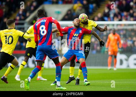 LONDRA. UK.FEB 19th Jordan l'Ayew of Crystal Palace si presenta durante la partita della Premier League tra Crystal Palace e Chelsea a Selhurst Park, Londra sabato 19th febbraio 2022. (Credit: Federico Maranesi | MI News) Credit: MI News & Sport /Alamy Live News Foto Stock