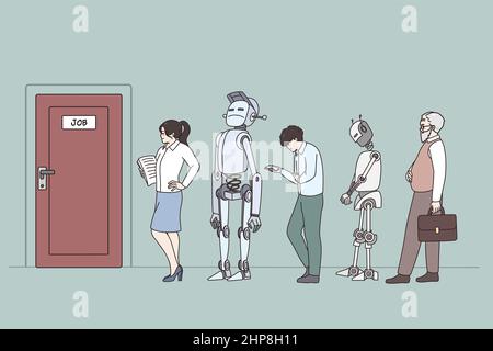 Persone e robot competono per posti di lavoro vacanti Illustrazione Vettoriale
