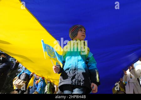 Lviv, Ucraina. 19th Feb 2022. Il ragazzino ha visto tenere una bandiera Ucraina in mano durante la marcia dell'unità sul confine Ucraina-Russia. la marcia dell'unità ha cominciato vicino al monumento di Ivan Franko e ha finito con l'esecuzione dell'inno nazionale al memoriale dei cento eroi celesti. L'evento ha mostrato la disponibilità degli ucraini a resistere all'aggressione russa. Credit: SOPA Images Limited/Alamy Live News Foto Stock