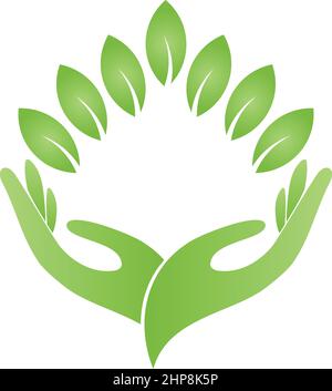 Mani, foglie, pianta, benessere, naturopata, giardiniere, logo Illustrazione Vettoriale