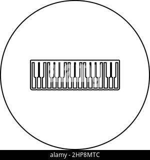 Tasti musicali Pianino icona sintetizzatore avorio in cerchio rotondo colore nero illustrazione vettoriale immagine contorno linea sottile stile Illustrazione Vettoriale