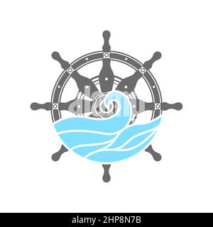Icona del timone di controllo isolata su sfondo bianco. Informazioni sul volante della nave. Design nautico. Logo della barca. Illustrazione Vettoriale