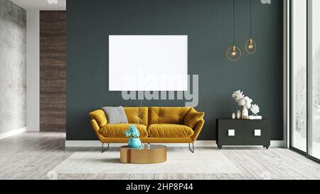 Imita il poster in stile scandinavo con sfondo moderno, salotto, rendering 3D Foto Stock