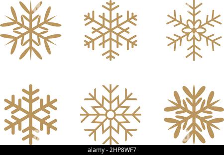 Oro frosty astratto simboli fiocco di neve su sfondo bianco. Illustrazione Vettoriale