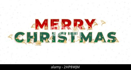 allegro effetto testo di natale. Caratteri delle lettere di Natale di colore rosso e verde con sfondo bianco isolato e vettore di tratti dorati, applicabili per biglietti d'auguri, inviti, cartelli e striscioni. Illustrazione Vettoriale