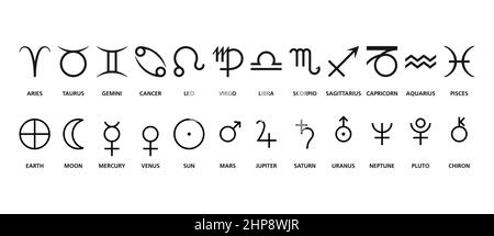 Simboli di segni e pianeti usati frequentemente in astrologia Illustrazione Vettoriale