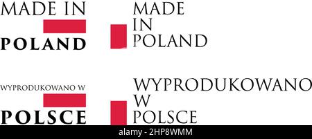 Semplice realizzato in Polonia / Wyprodukowano w Polsce (traduzione in polacco) etichetta. Il testo con i colori nazionali disposti orizzontali e verticali. Illustrazione Vettoriale