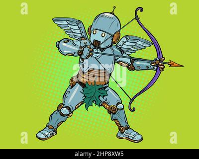 Robot Angelo Bambino Cupido con un arco e una freccia, un personaggio mitico d'amore Illustrazione Vettoriale