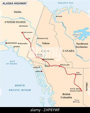 mappa vettoriale dell'autostrada dell'alaska, stati uniti, canada Illustrazione Vettoriale