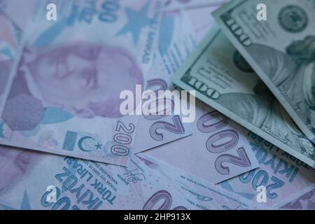 Turchia Economia. Lire turche e US dollari foto di sfondo. Tassi di interesse o inflazione o crisi economica in Turchia sfondo foto. Selettivo per Foto Stock