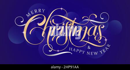 Allegro carattere di scritta di Natale, carattere di script di biglietto di auguri di Natale con sfondo blu, buon Natale e felice anno nuovo colore argento e oro con sfondo blu per banner, volantino e stampa. Illustrazione Vettoriale