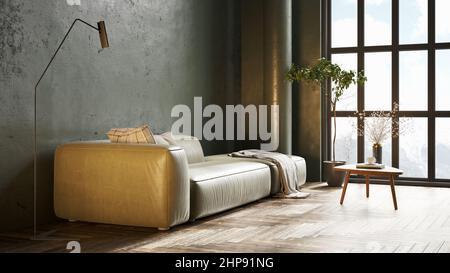 Interni moderni e belli con colonne, pareti colorate e mobili eleganti. Design loft luminoso. 3D rendering Foto Stock