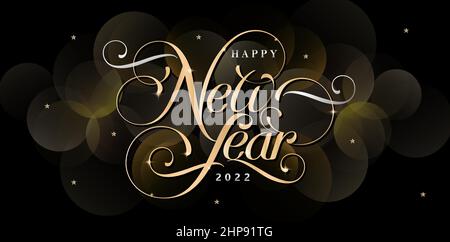 Caratteri alfabetizzazione felice anno nuovo calligrafia modello colore dorato con isolato sfondo nero, stella scintilla decorazione applicabile per biglietti d'auguri, invito, striscioni segno, poster per festa notturna. Illustrazione Vettoriale