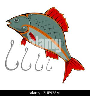 Logo di pesce e uncino isolato su sfondo bianco. Illustrazione Vettoriale