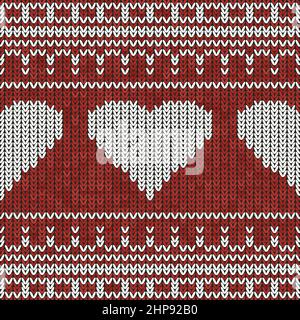 Christmas Knit Print. Pullover in lana al confine rosso scandinavo. Maglione Ugly. Holiday Heart Ornament. Crochet festivo Illustrazione Vettoriale