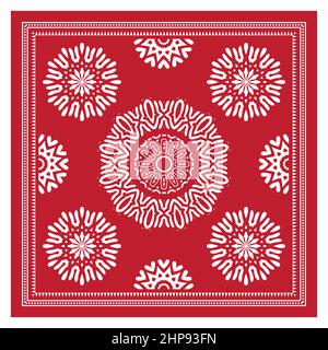 Bandana Shawl, stampa tessuto tovaglia, sciarpa collo di seta, fazzoletto design, ornamento Paisley, Modello quadrato. Illustrazione Vettoriale