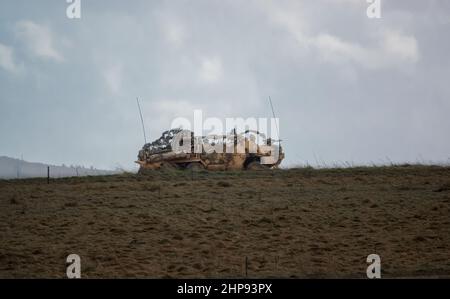 L'esercito britannico Supacat Coyote 6x6 rapido assalto, il supporto del fuoco e veicoli di ricognizione in azione su un addestramento militare di battaglia, Wiltshire Regno Unito Foto Stock
