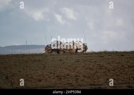 L'esercito britannico Supacat Coyote 6x6 rapido assalto, il supporto del fuoco e veicoli di ricognizione in azione su un addestramento militare di battaglia, Wiltshire Regno Unito Foto Stock