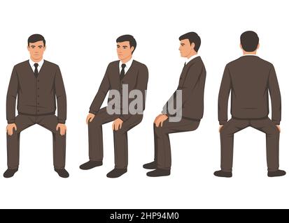 cartone isolato uomo d'affari seduta, vista frontale e posteriore Illustrazione Vettoriale