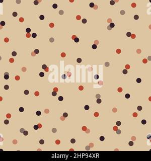 Motivo senza cuciture a punti Polka. Astratto casuale volare confetti colorati. Stampa trendy in colori caldi per tessuti, tessuti, carta da imballaggio regalo, carta da parati. Illustrazione Vettoriale