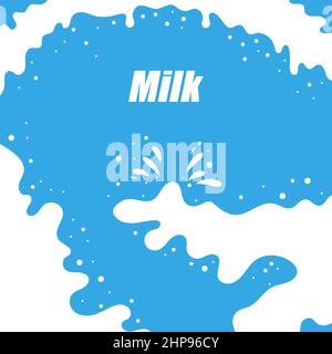 Versare il latte spruzzato su sfondo blu. Gocce di liquido cremoso bianco. Fresh Farm Milky Flow drink. Poster minimalista. Illustrazione Vettoriale