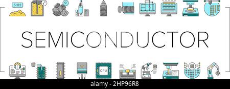 Semiconduttori impianti di produzione icone set Vector . Illustrazione Vettoriale