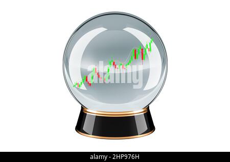 Previsione del mercato azionario, concetto. Palla di cristallo con candeliere giapponese rosso e verde grafico mostrando uptrend di mercato, 3D rendendo isolato su bianco ba Foto Stock