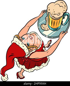 Sorridente cameriere di babbo natale con una tazza di birra, ristorante pub con bar di Natale Illustrazione Vettoriale