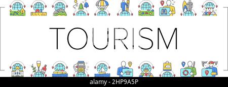 Turismo tipi di viaggio Collezione icone Set vettore . Illustrazione Vettoriale